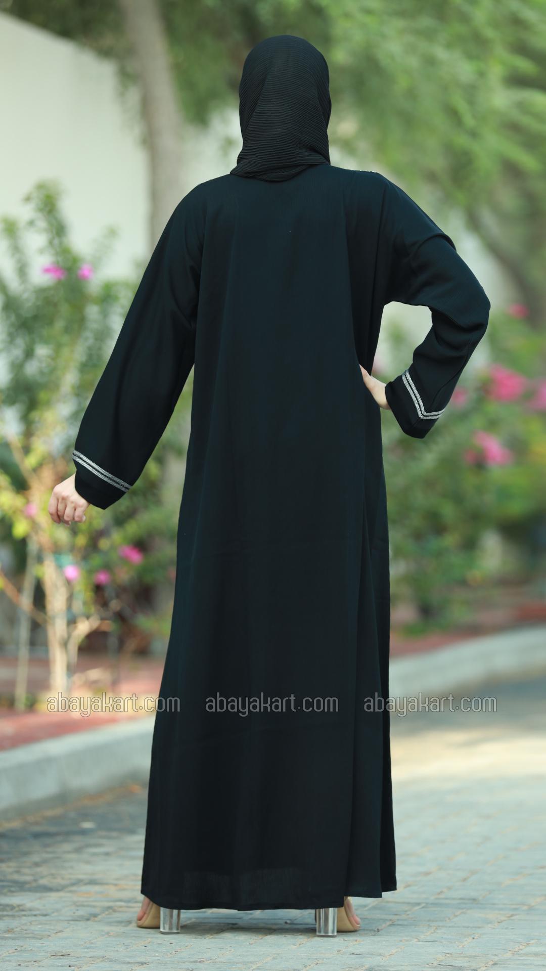 Bulk Black Zoom Abaya with Dori Ribbon and Black Handwork on the Front and Sleeves 