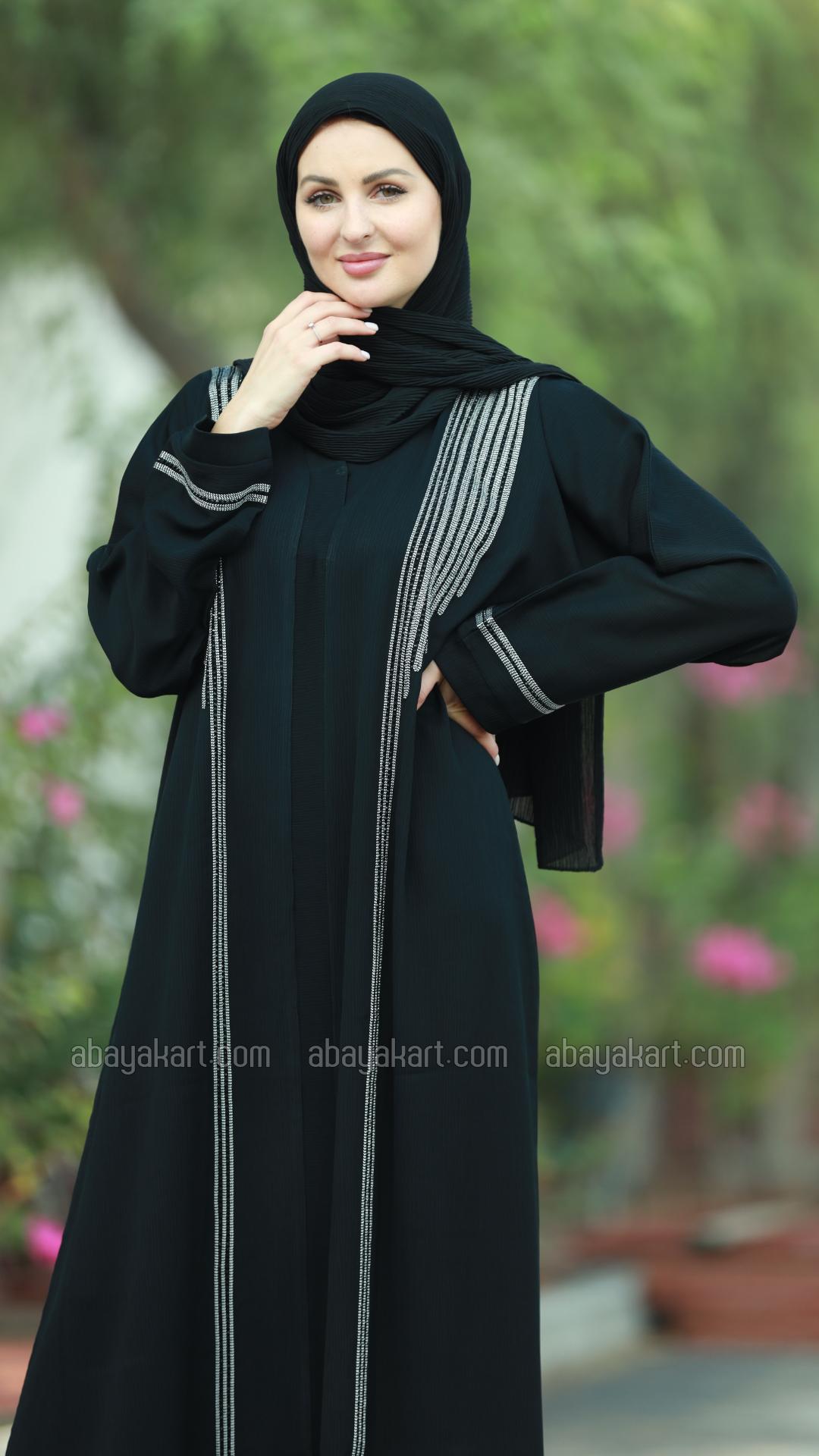 Bulk Black Zoom Abaya with Dori Ribbon and Black Handwork on the Front and Sleeves 