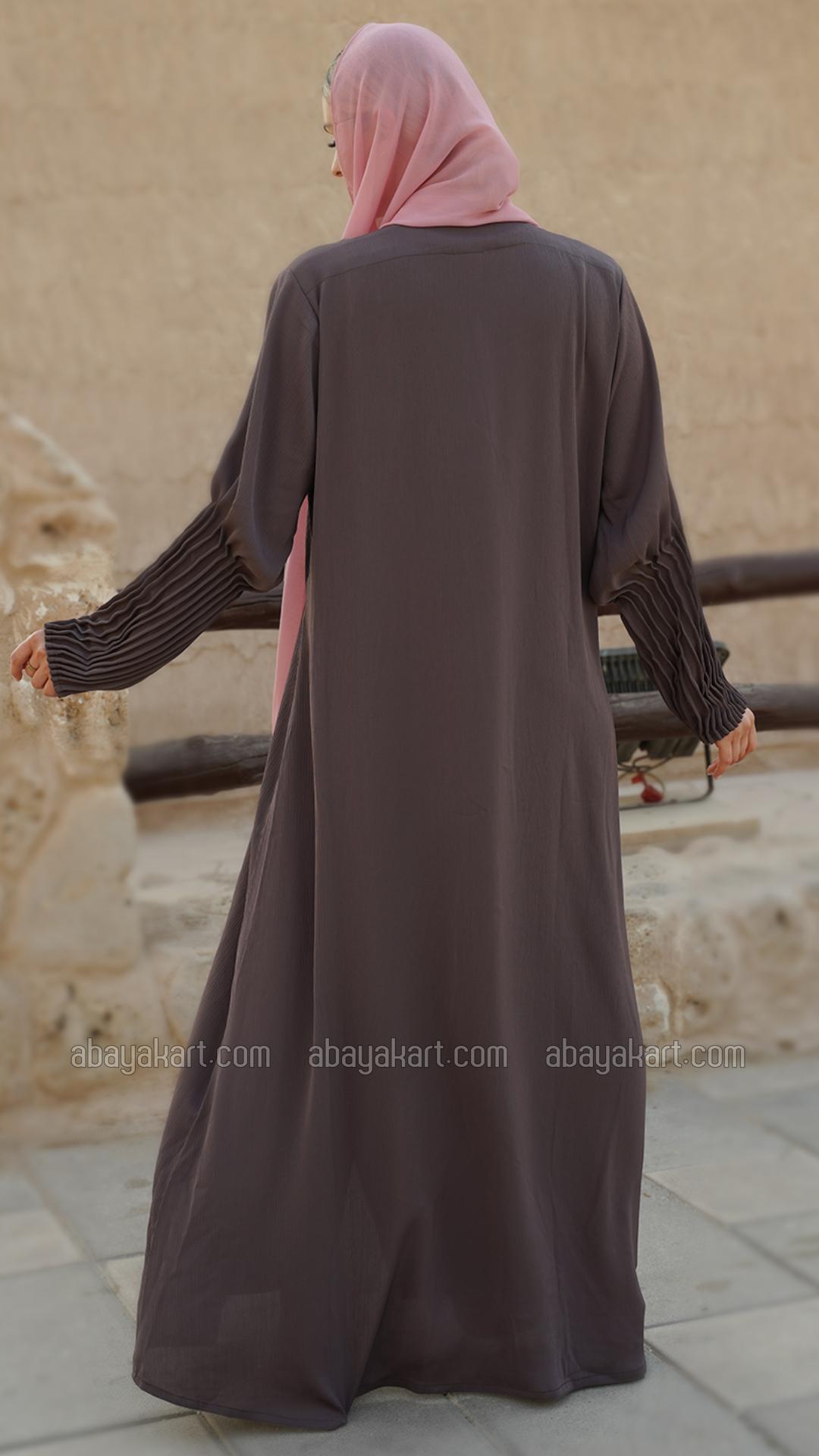 Bulk Zoom Simple Front Open Abaya with Crystal Handwork and Pleat Work on the Sleeves in Brown