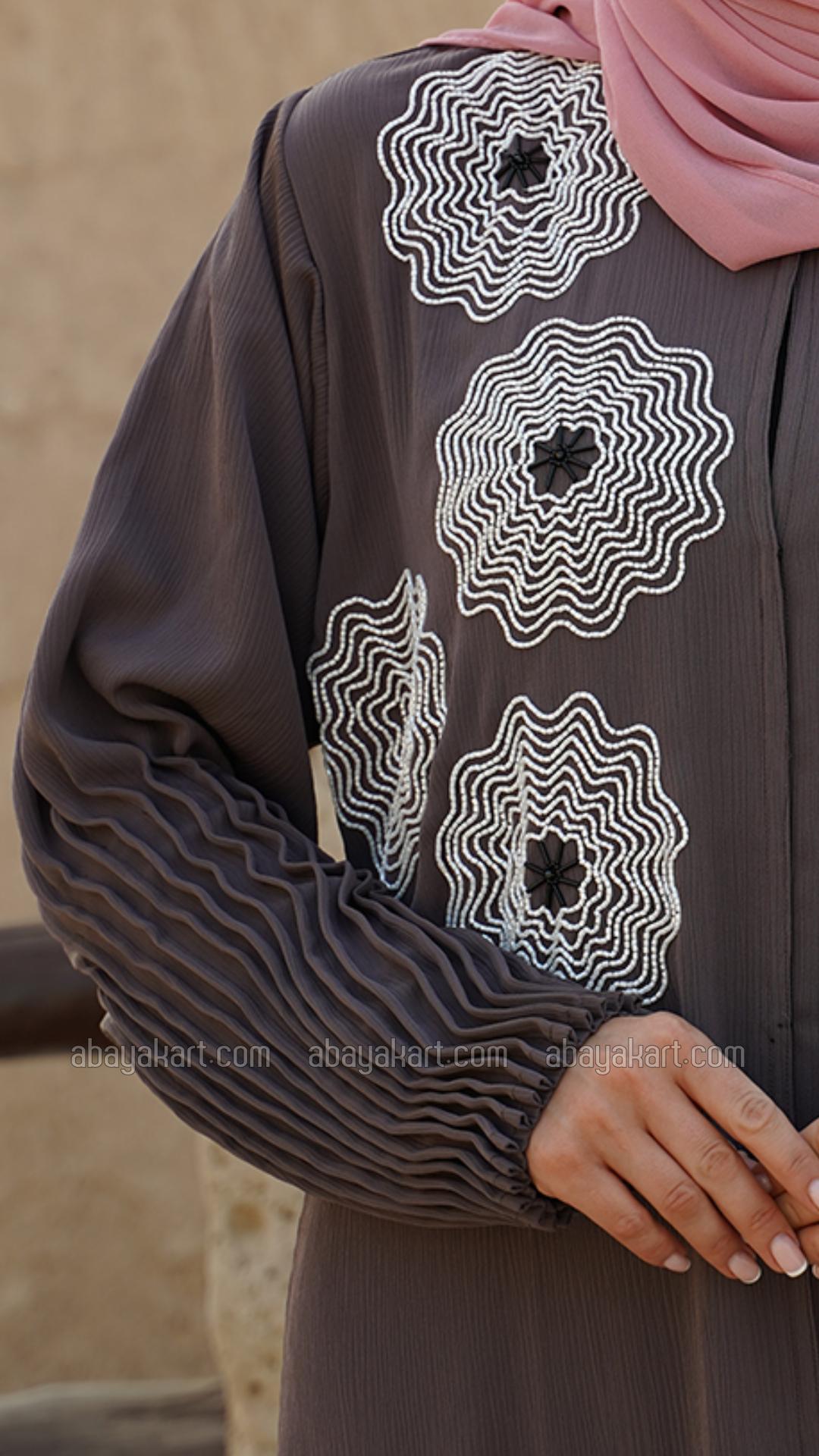 Bulk Zoom Simple Front Open Abaya with Crystal Handwork and Pleat Work on the Sleeves in Brown
