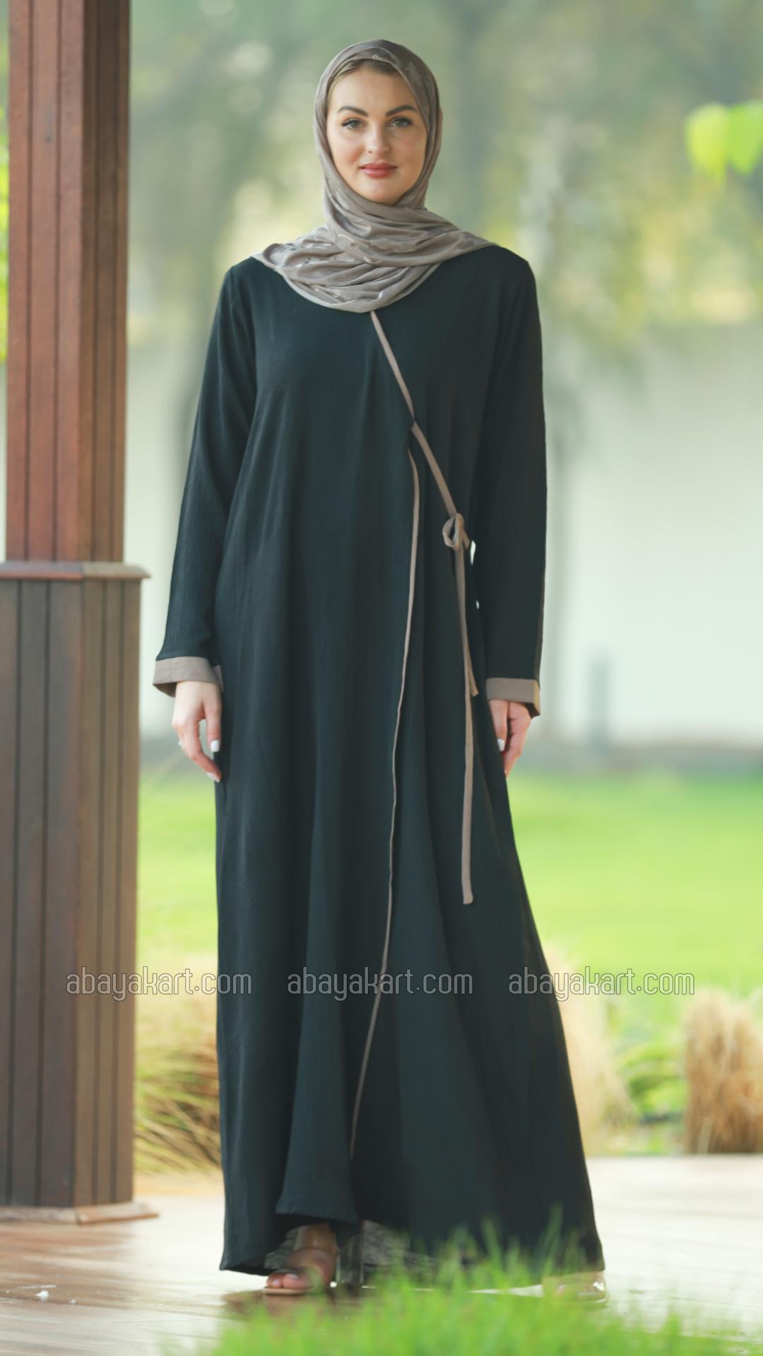 Bulk FrontOpen Modest Dress with Piping on the Front and a Belt in Black