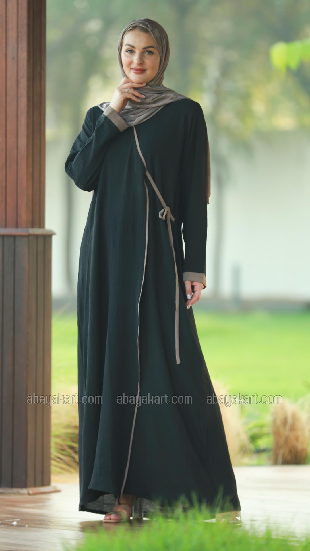 Bulk FrontOpen Modest Dress with Piping on the Front and a Belt in Black