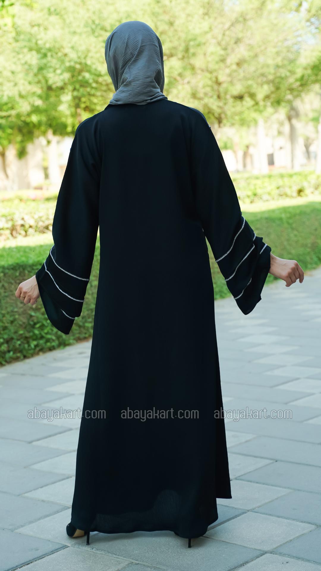 Bulk Zoom Abaya with Beaded Handwork on the Front and Sleeves in Black