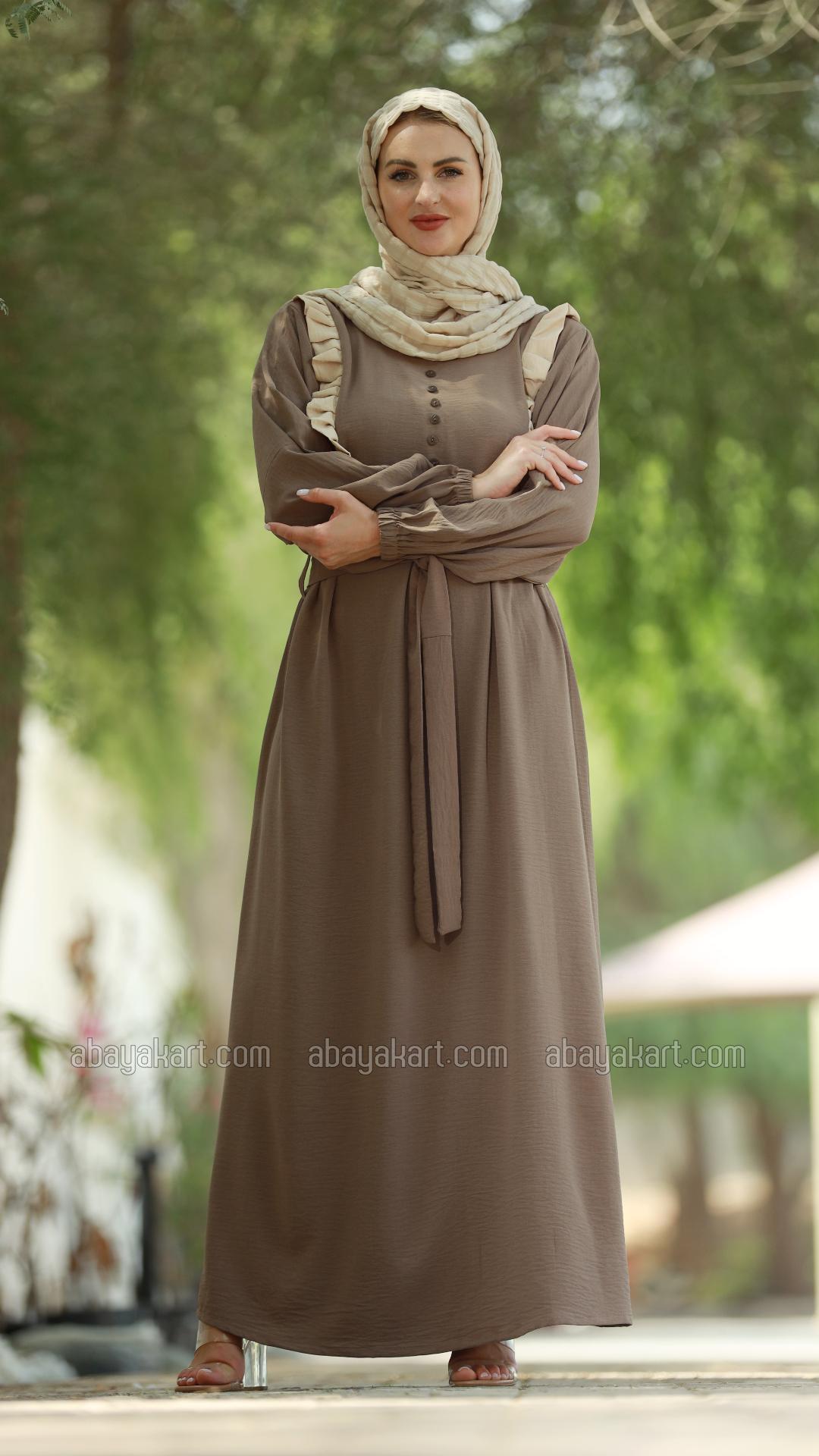 Bulk Modest Dress with Frill Work Show Buttons on the Front and a Belt in Brown