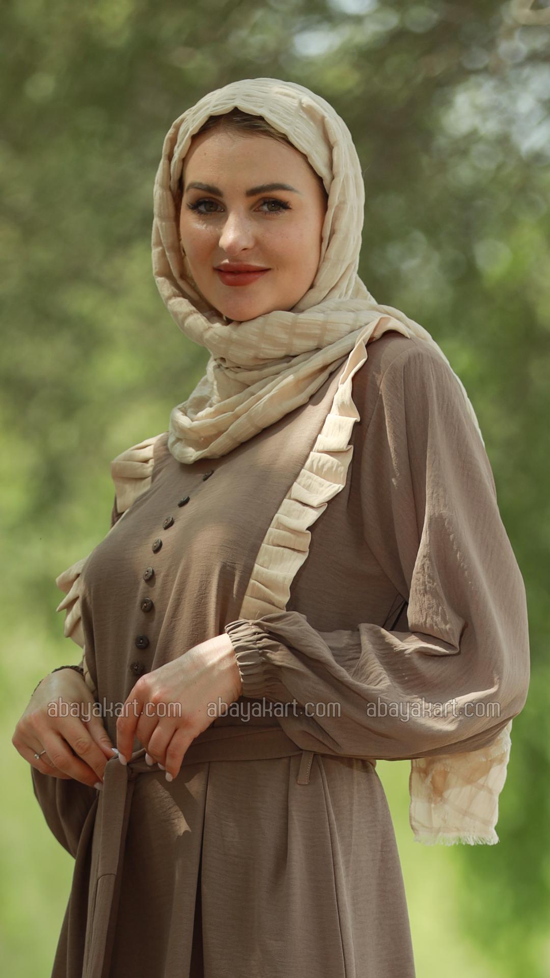 Bulk Modest Dress with Frill Work Show Buttons on the Front and a Belt in Brown