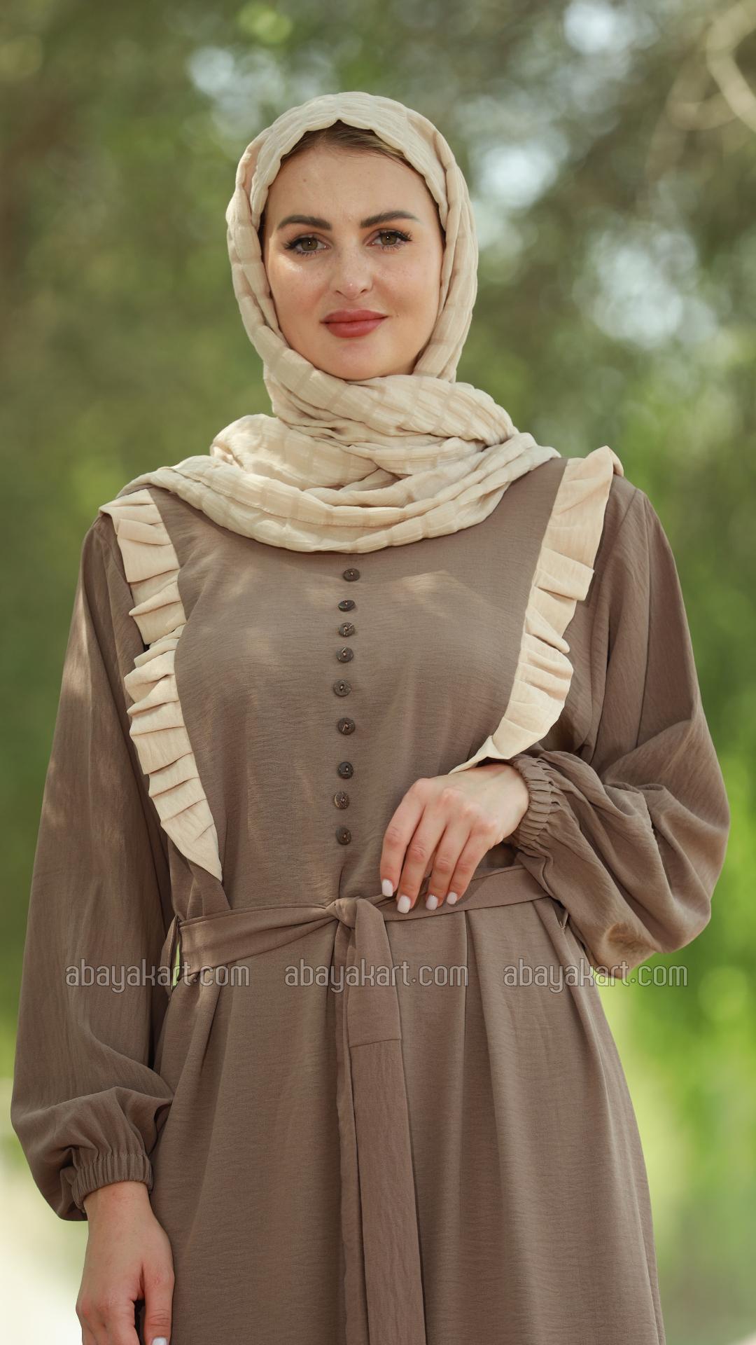 Bulk Modest Dress with Frill Work Show Buttons on the Front and a Belt in Brown