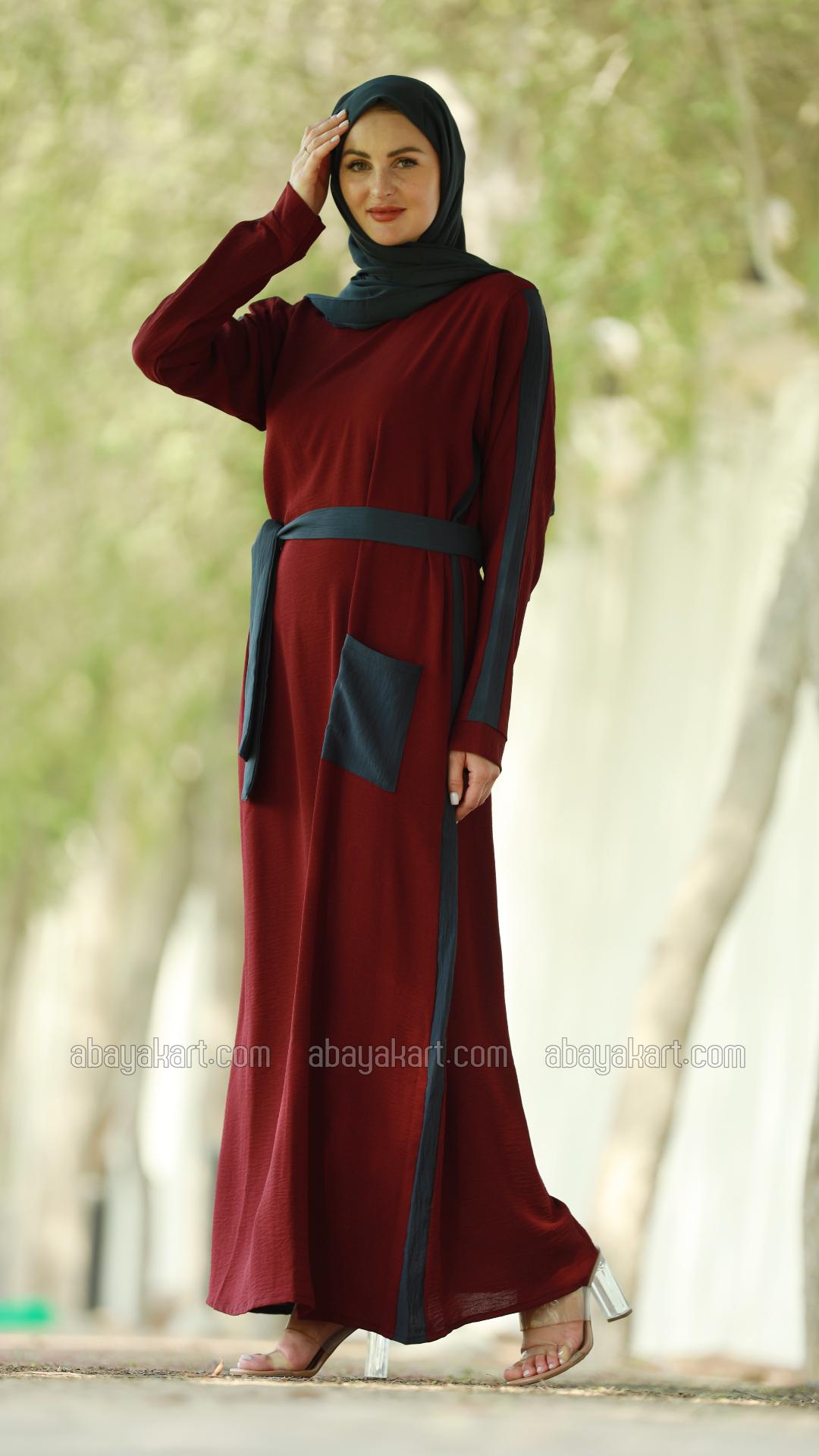 Bulk Modest Dress with a One Side Pocket and a Belt in Maroon and Dark Grey