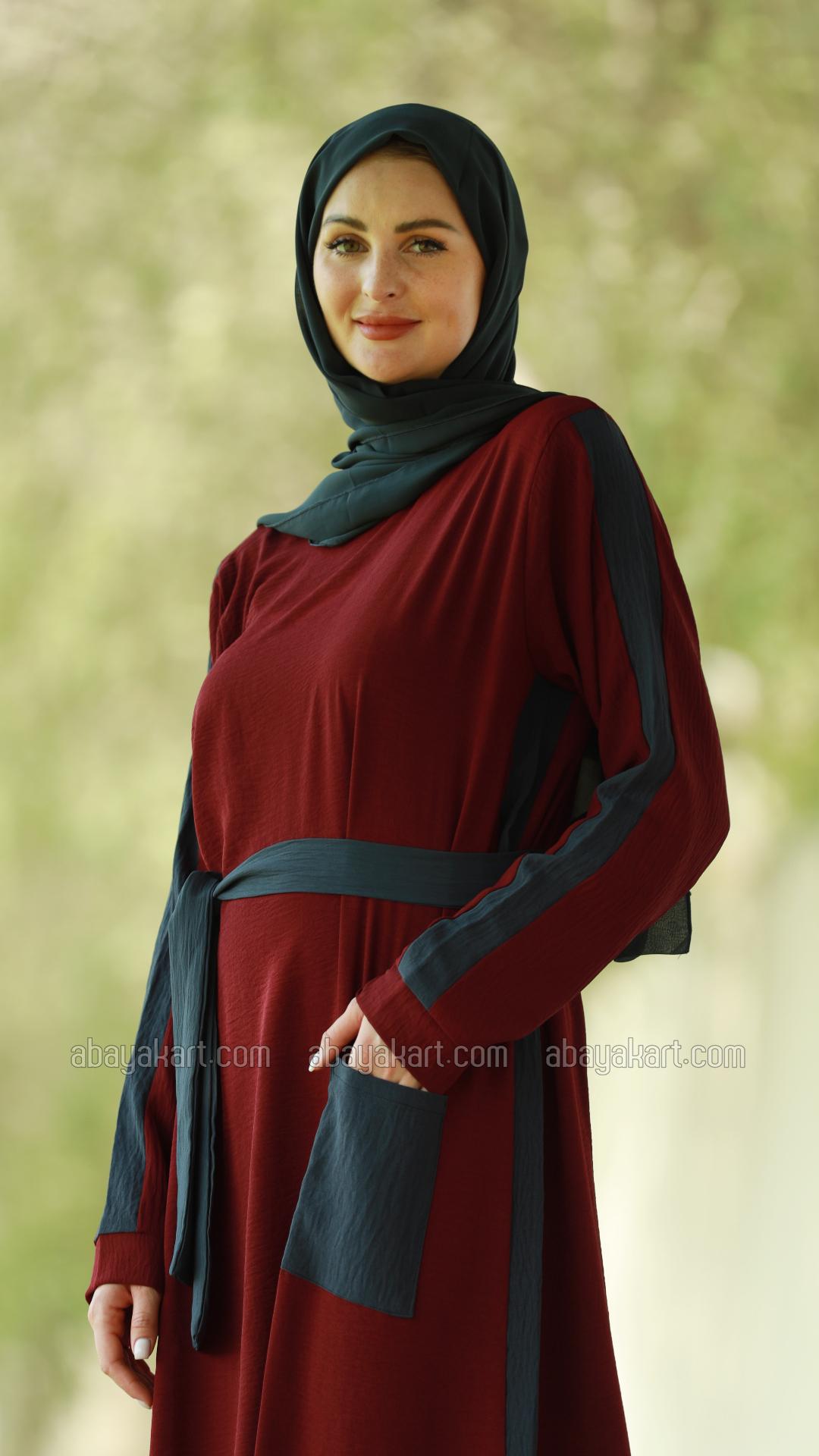 Bulk Modest Dress with a One Side Pocket and a Belt in Maroon and Dark Grey