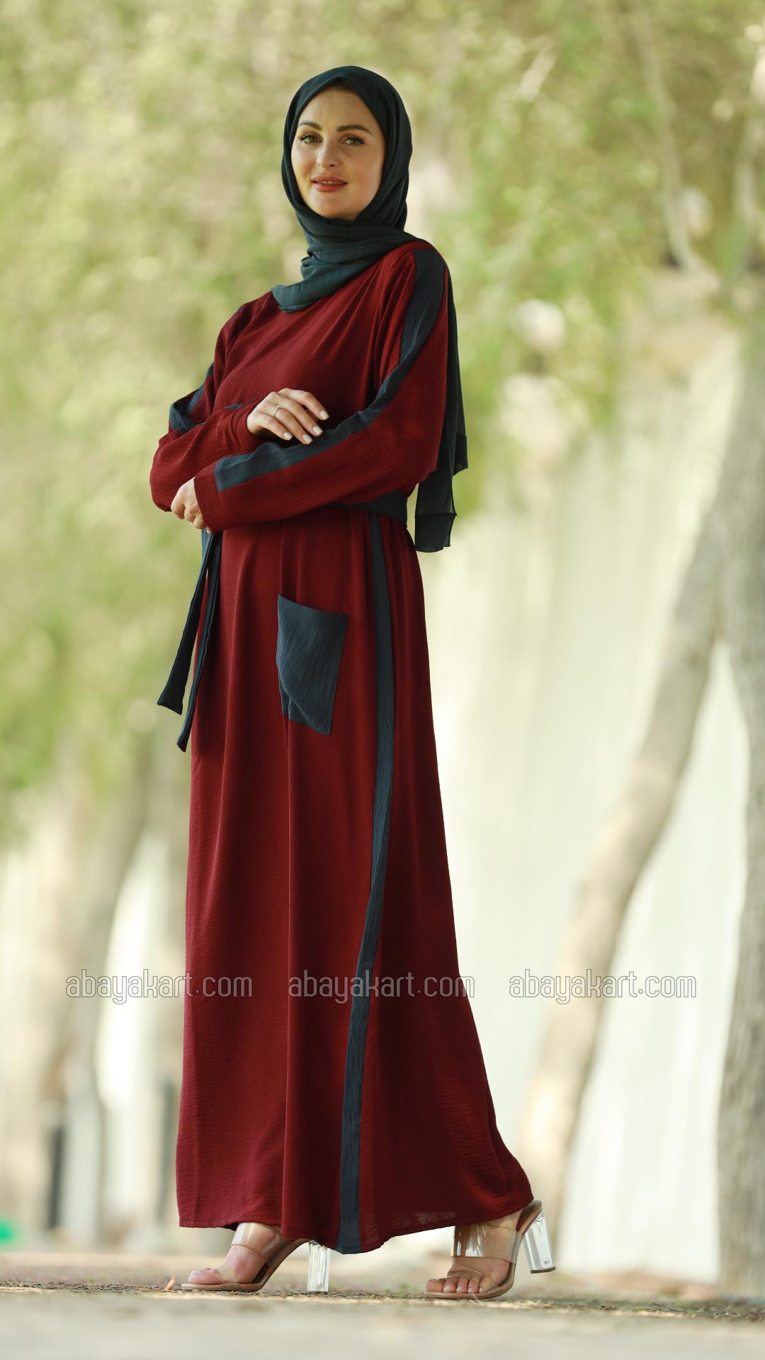 Bulk Modest Dress with a One Side Pocket and a Belt in Maroon and Dark Grey