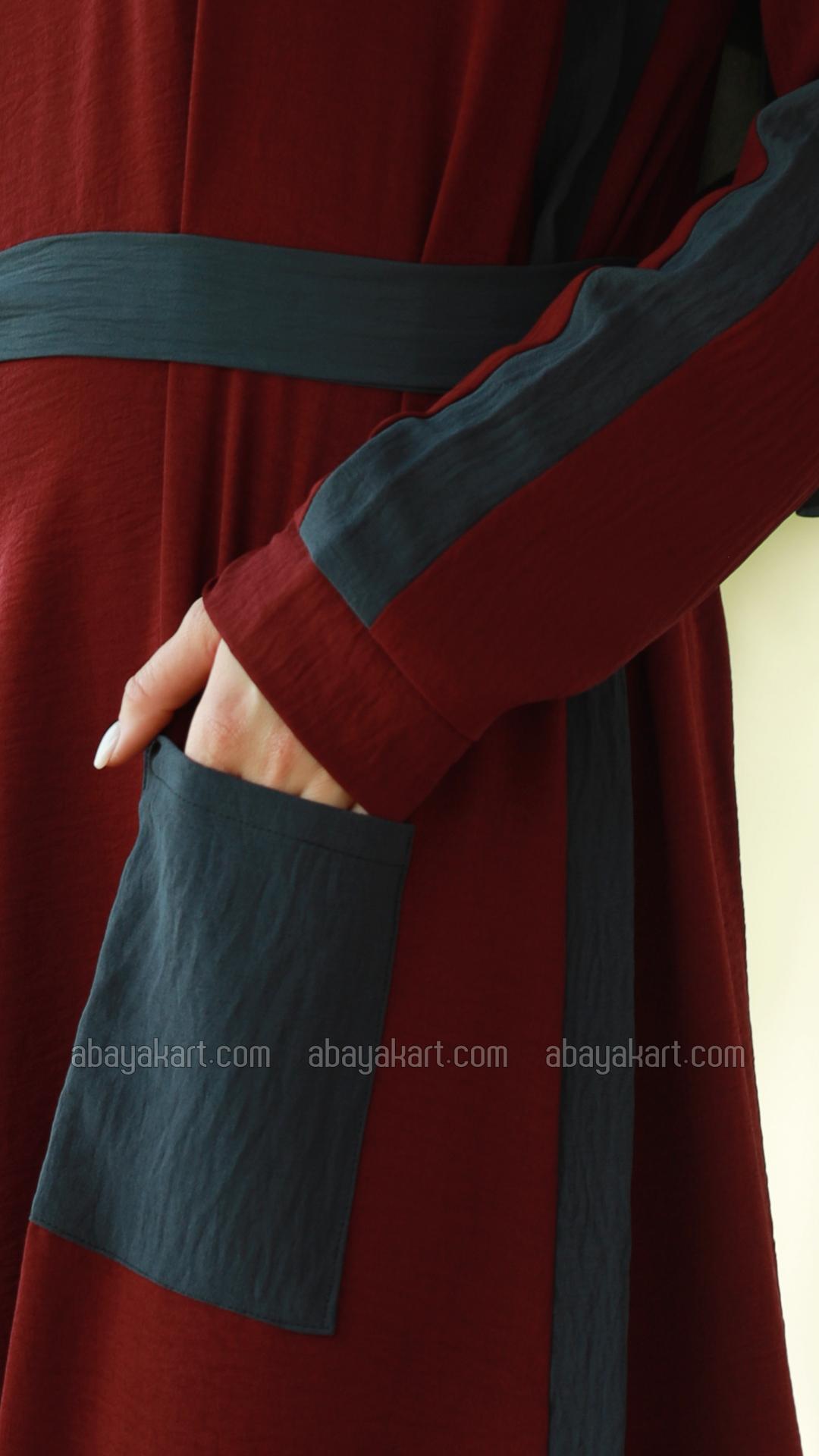 Bulk Modest Dress with a One Side Pocket and a Belt in Maroon and Dark Grey