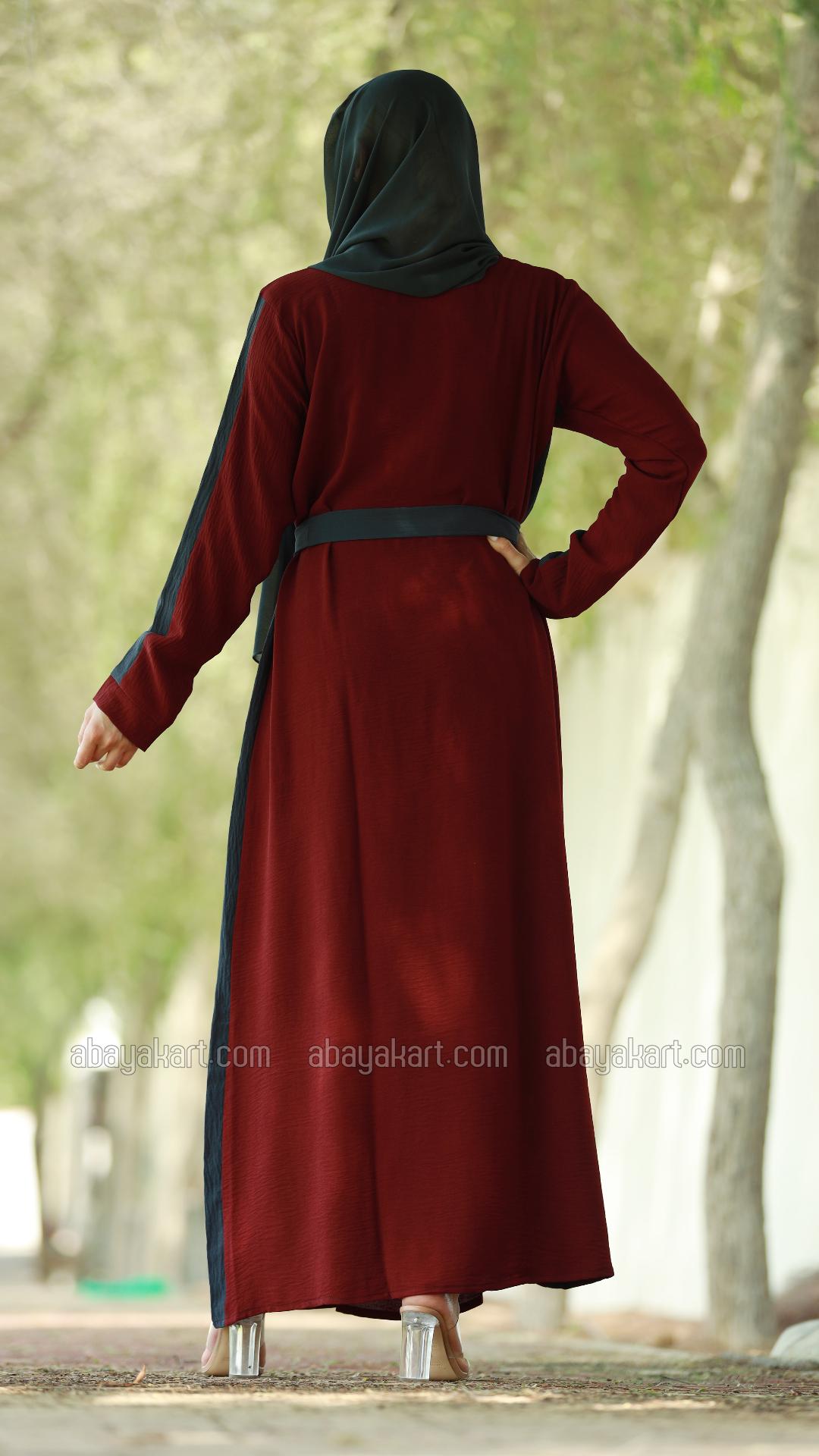 Bulk Modest Dress with a One Side Pocket and a Belt in Maroon and Dark Grey