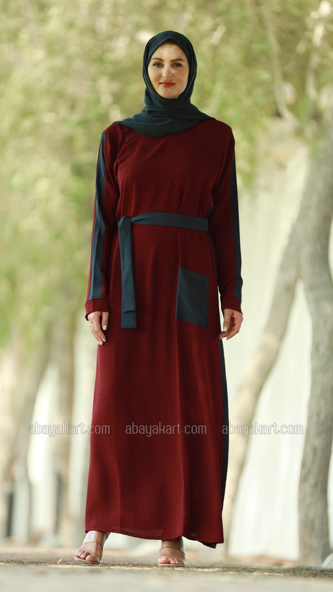 Bulk Modest Dress with a One Side Pocket and a Belt in Maroon and Dark Grey
