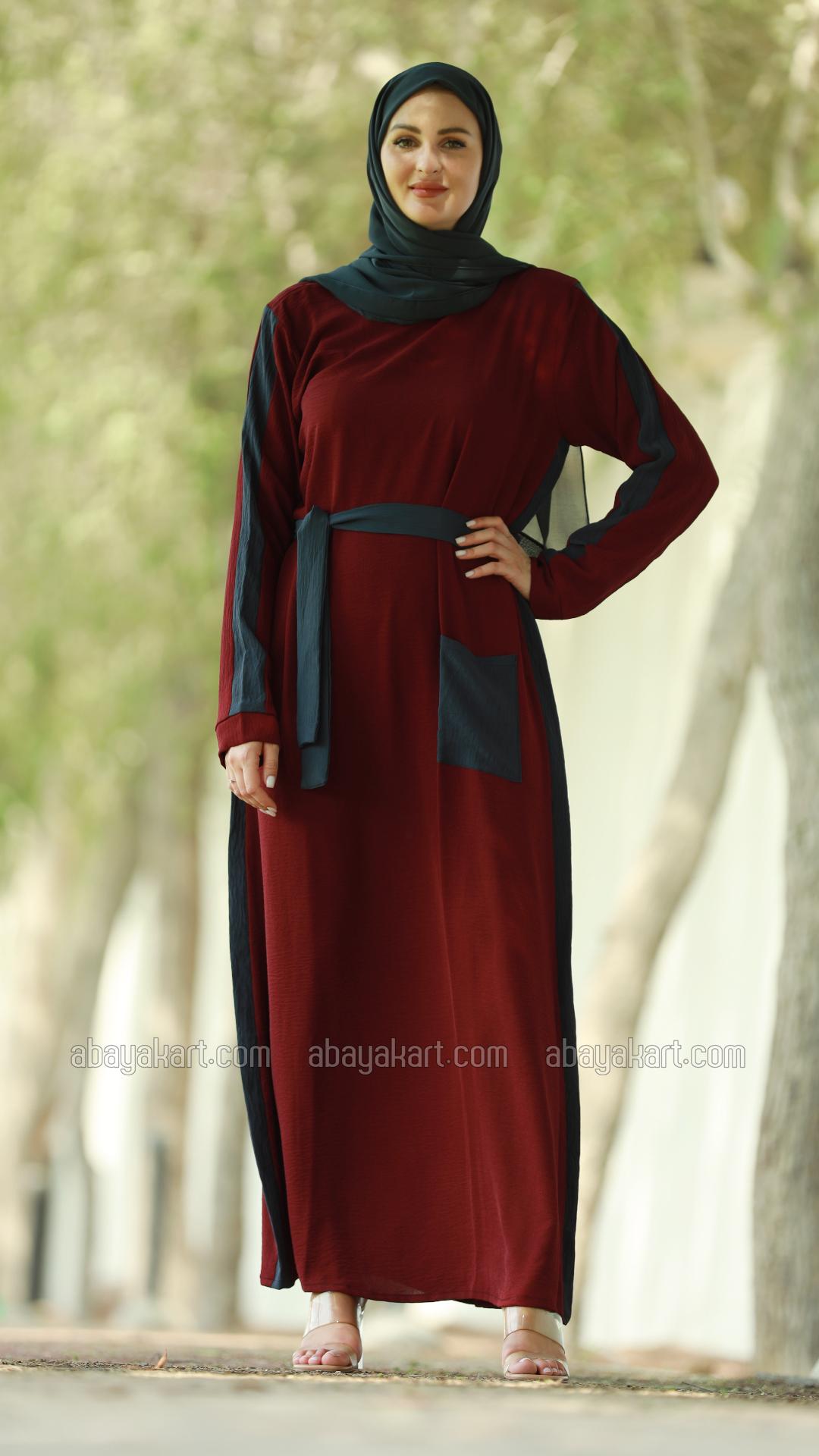 Bulk Modest Dress with a One Side Pocket and a Belt in Maroon and Dark Grey