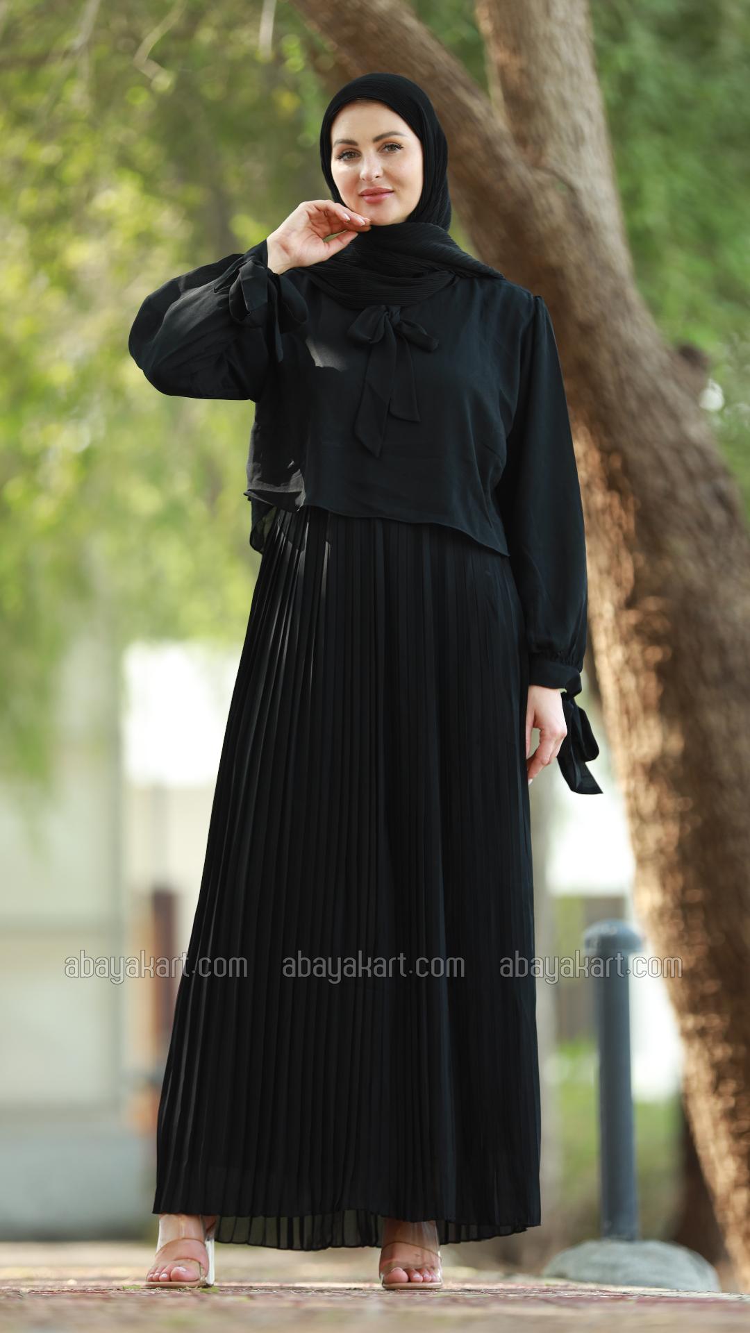 Bulk Pleated Modest Dress with a TieUp Neck and Sleeves in Black