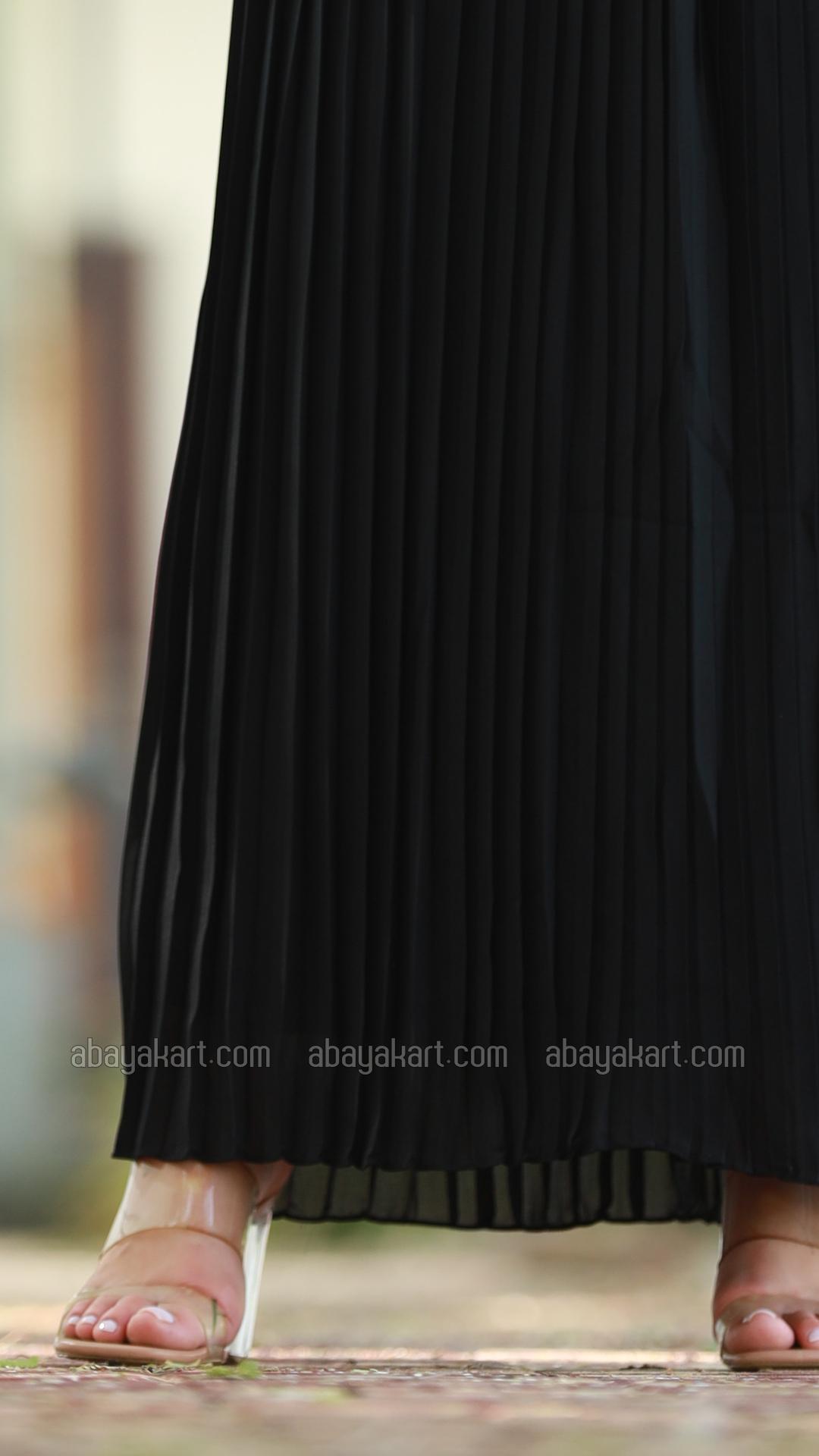Bulk Pleated Modest Dress with a TieUp Neck and Sleeves in Black