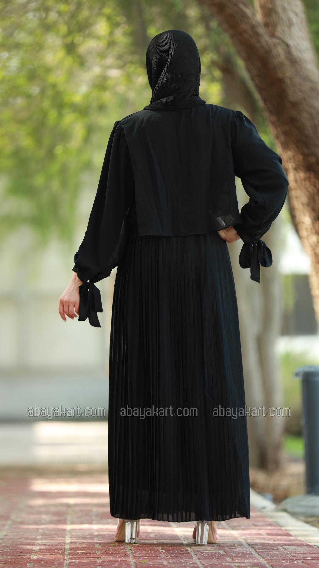 Bulk Pleated Modest Dress with a TieUp Neck and Sleeves in Black