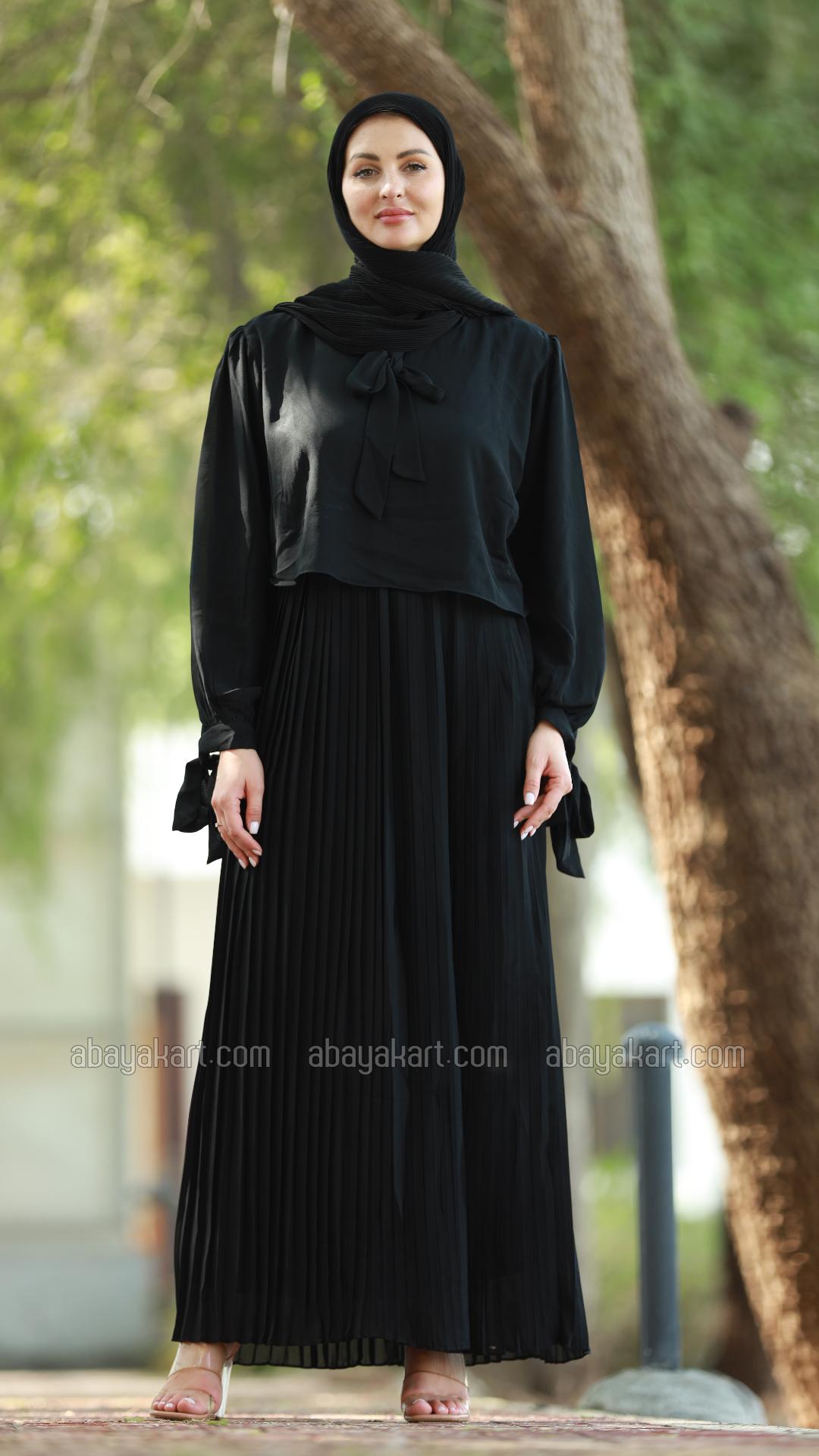 Bulk Pleated Modest Dress with a TieUp Neck and Sleeves in Black