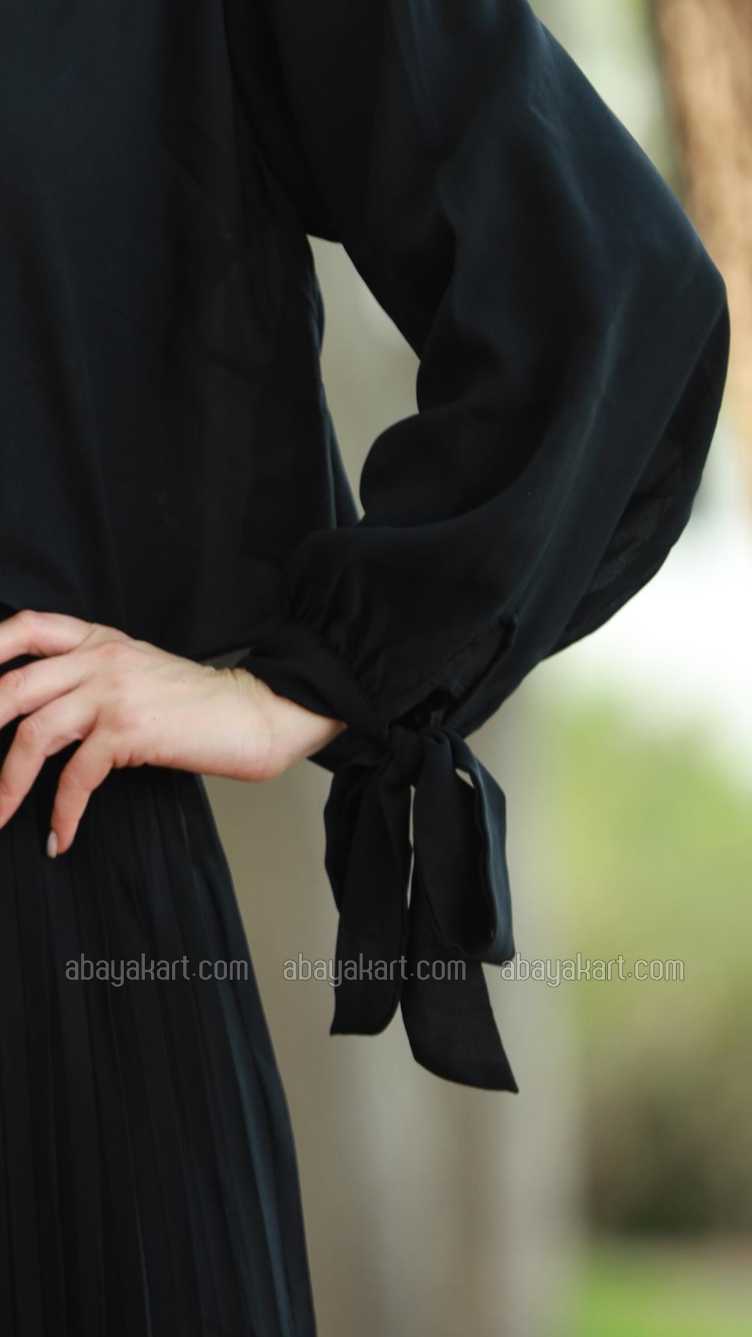 Bulk Pleated Modest Dress with a TieUp Neck and Sleeves in Black