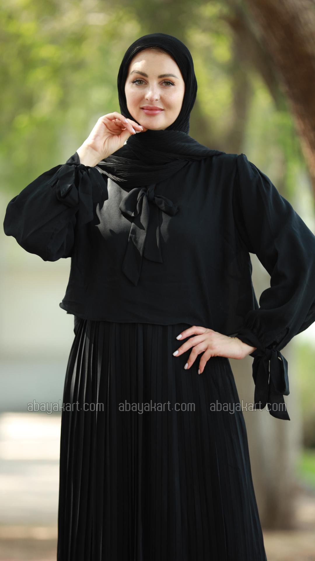 Bulk Pleated Modest Dress with a TieUp Neck and Sleeves in Black