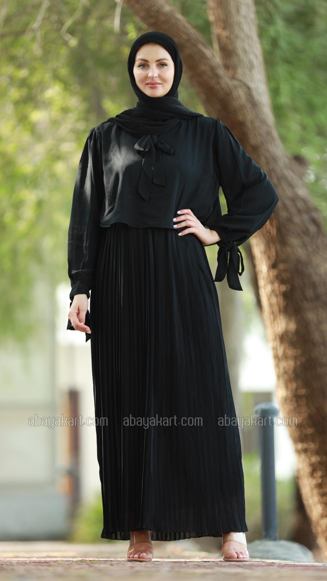 Bulk Pleated Modest Dress with a TieUp Neck and Sleeves in Black