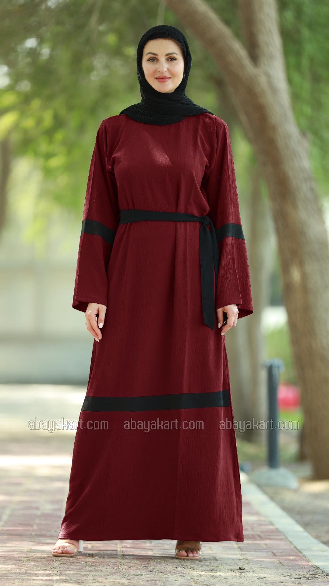 Bulk Maroon Arabian Modest Dress with Black Band Work and a Belt 