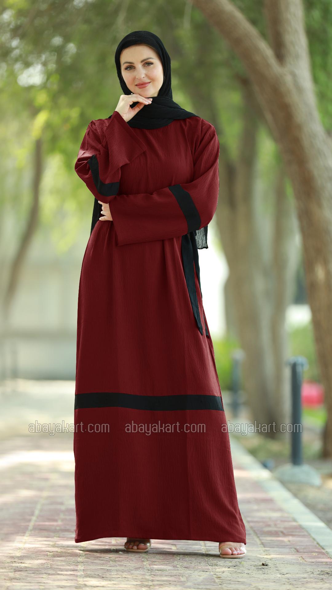 Bulk Maroon Arabian Modest Dress with Black Band Work and a Belt 