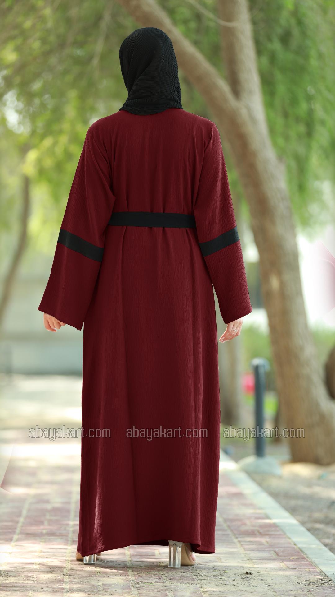 Bulk Maroon Arabian Modest Dress with Black Band Work and a Belt 