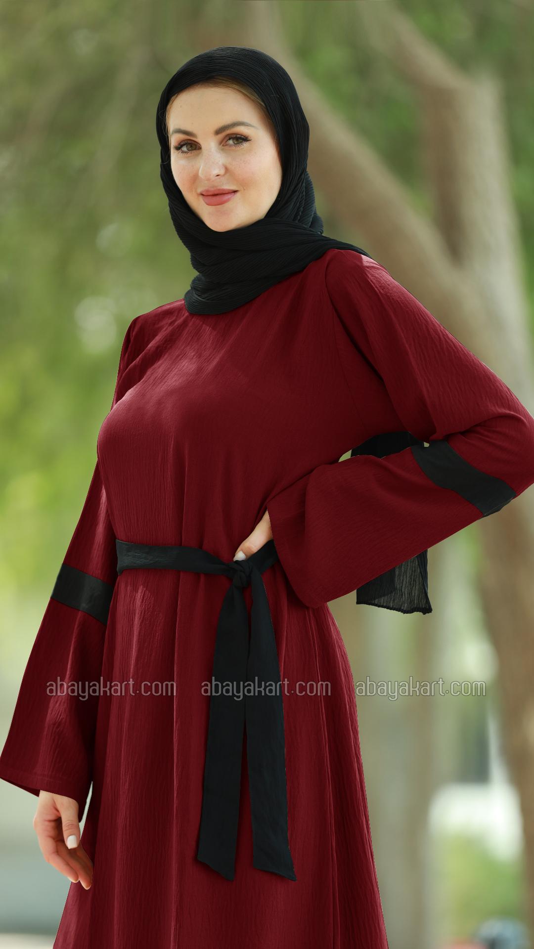 Bulk Maroon Arabian Modest Dress with Black Band Work and a Belt 