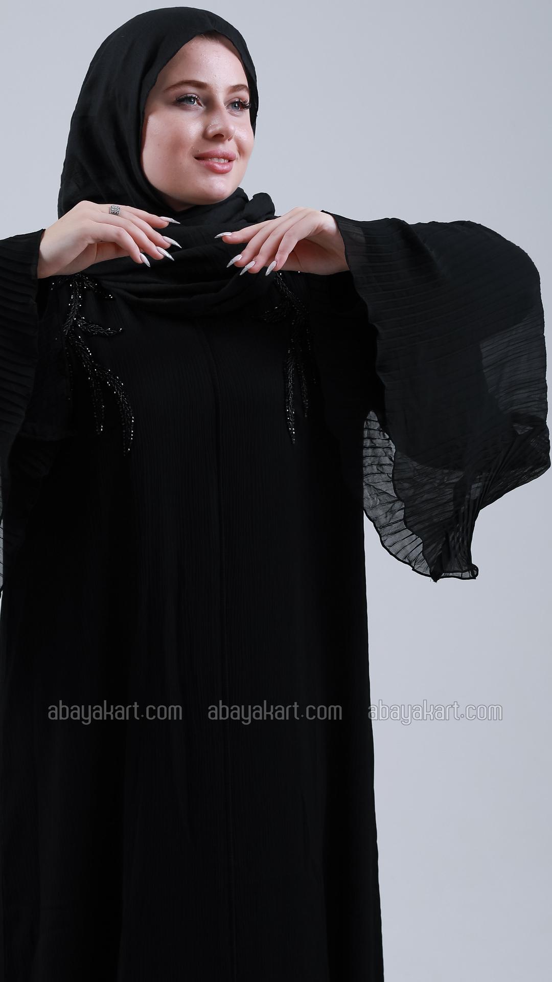 Bulk Black Zoom Abaya with Pleated Chiffon and Handwork