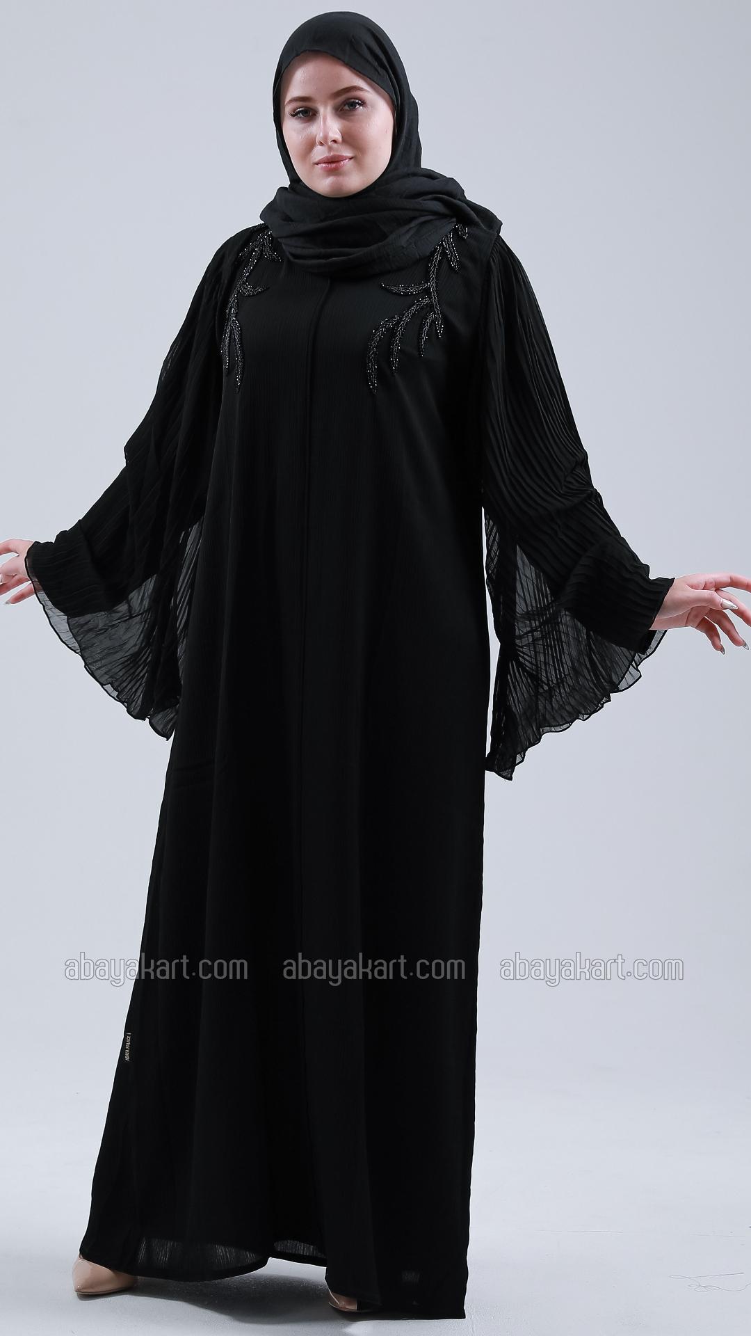Bulk Black Zoom Abaya with Pleated Chiffon and Handwork