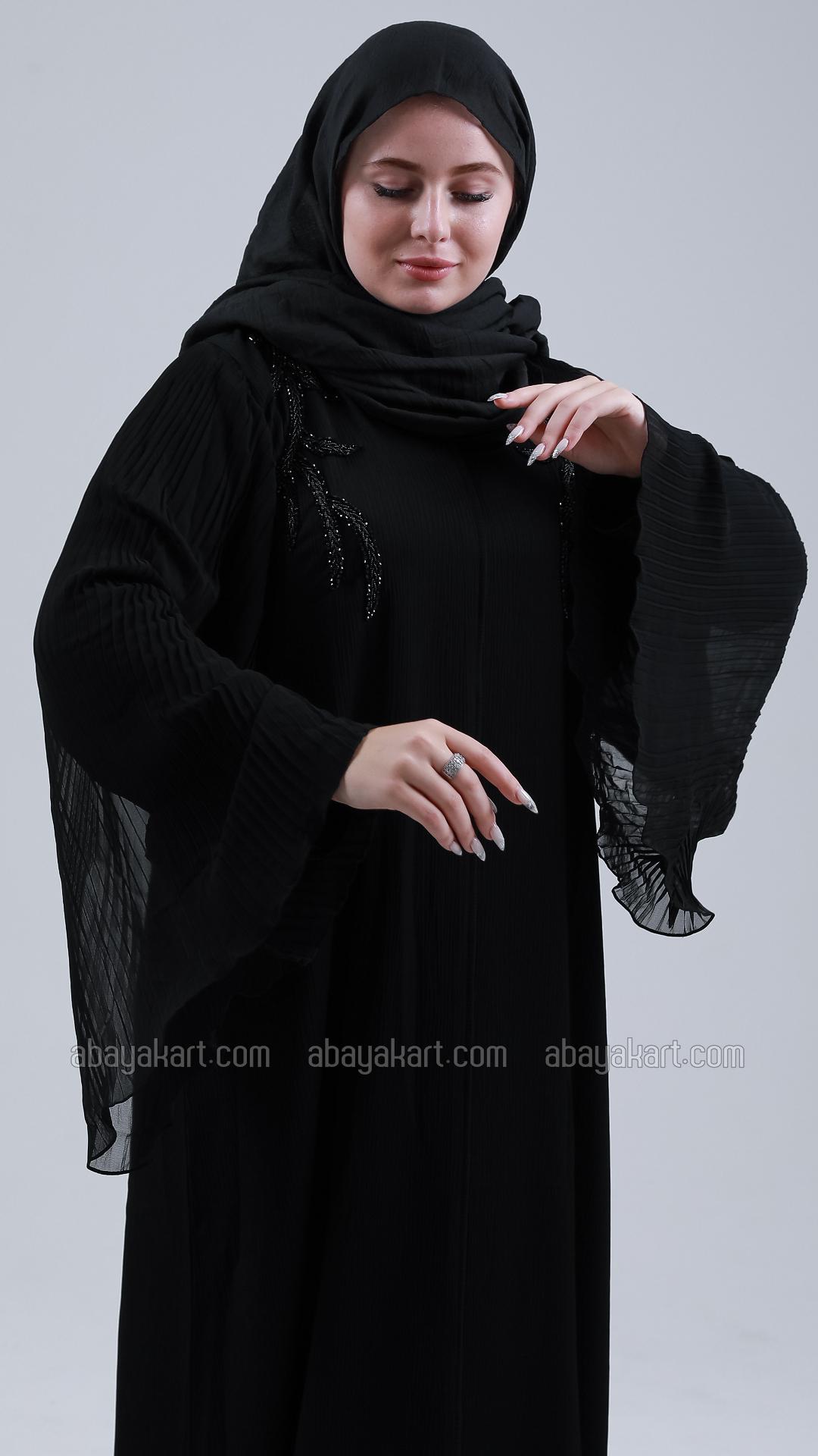 Bulk Black Zoom Abaya with Pleated Chiffon and Handwork