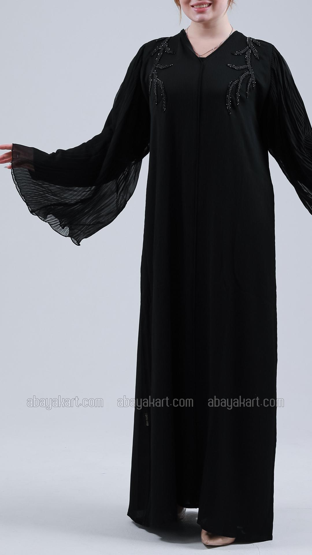 Bulk Black Zoom Abaya with Pleated Chiffon and Handwork