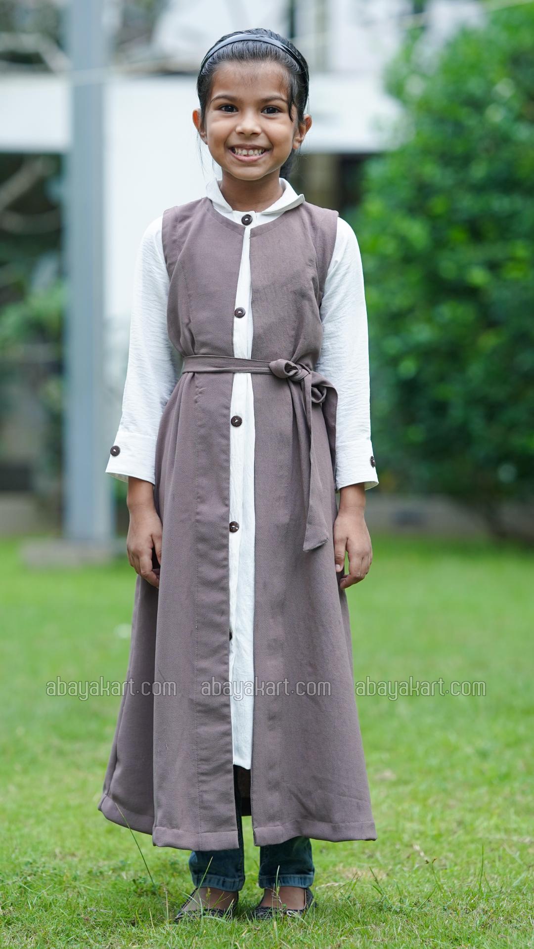 Bulk Brown and OffWhite Kids Modest Dress with a Shrug and Show Buttons on the Front and Sleeves