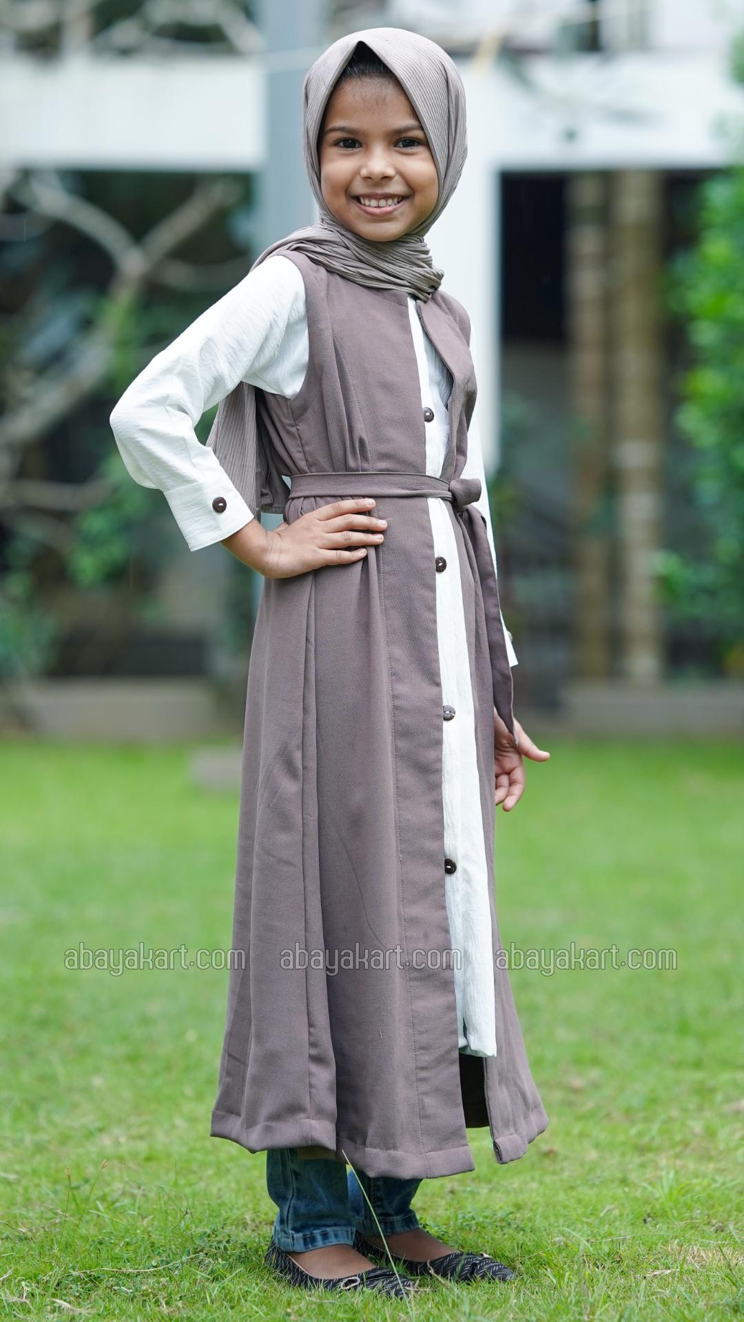 Bulk Brown and OffWhite Kids Modest Dress with a Shrug and Show Buttons on the Front and Sleeves