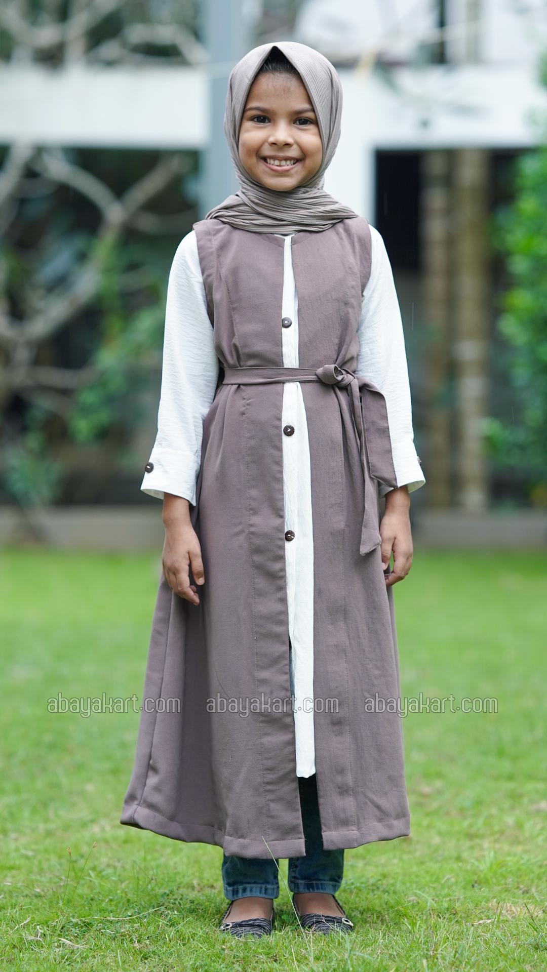 Bulk Brown and OffWhite Kids Modest Dress with a Shrug and Show Buttons on the Front and Sleeves