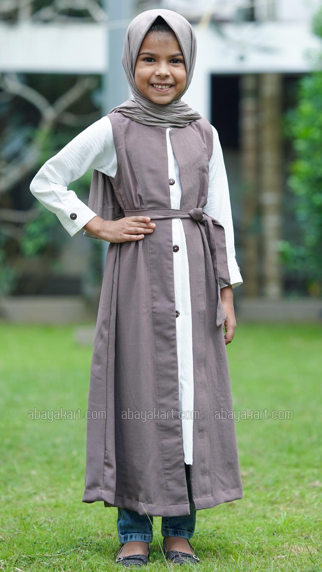 Bulk Brown and OffWhite Kids Modest Dress with a Shrug and Show Buttons on the Front and Sleeves