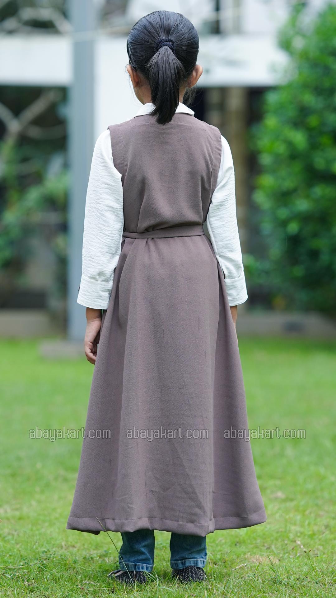 Bulk Brown and OffWhite Kids Modest Dress with a Shrug and Show Buttons on the Front and Sleeves