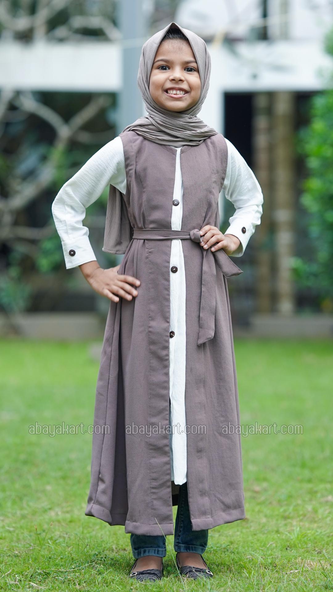 Bulk Brown and OffWhite Kids Modest Dress with a Shrug and Show Buttons on the Front and Sleeves
