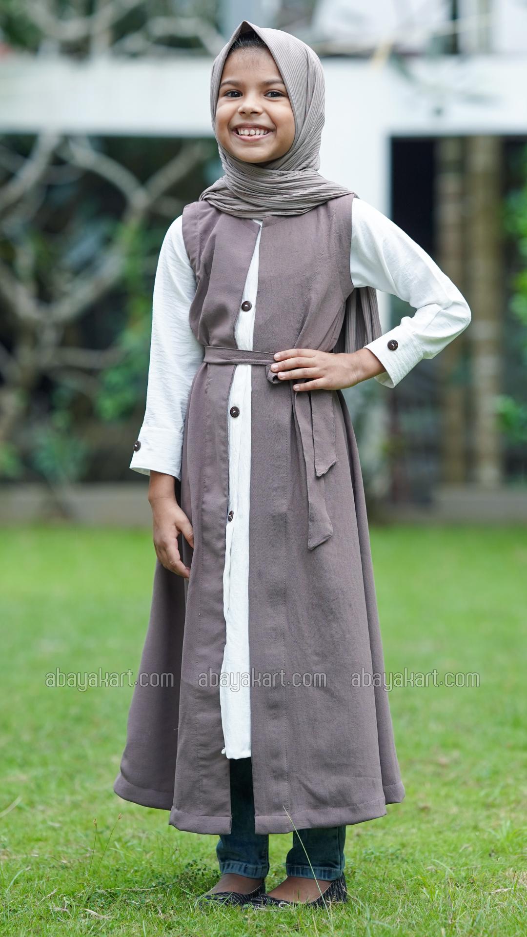 Bulk Brown and OffWhite Kids Modest Dress with a Shrug and Show Buttons on the Front and Sleeves
