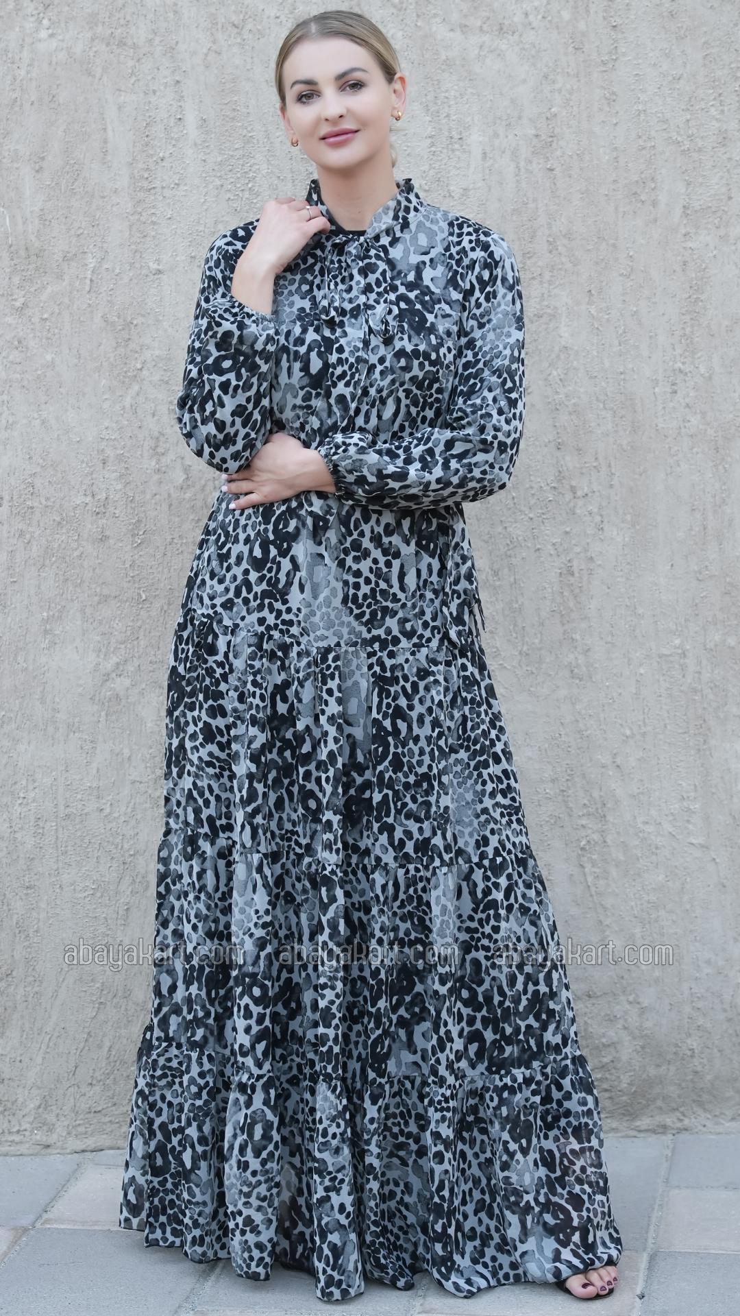 Bulk Tiger Printed Modest Dress In Ash