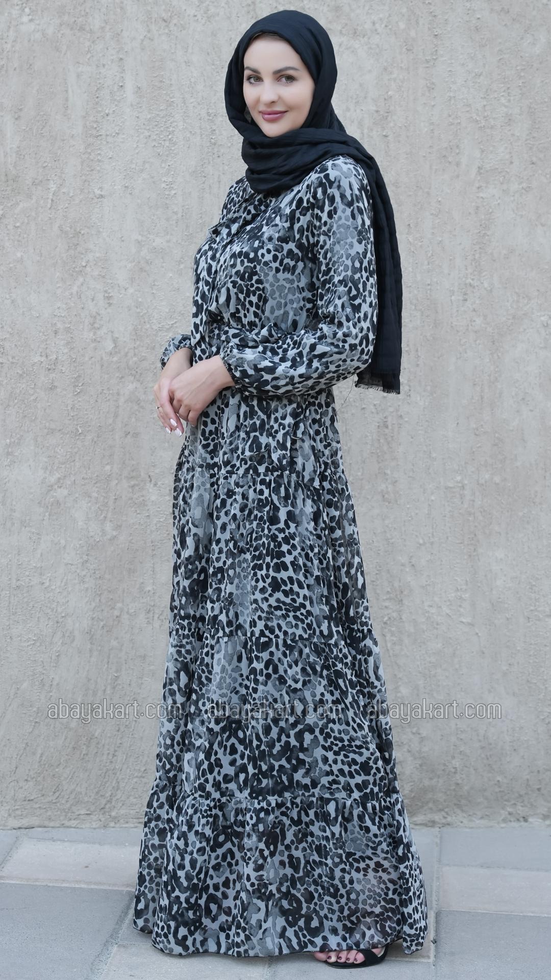 Bulk Tiger Printed Modest Dress In Ash