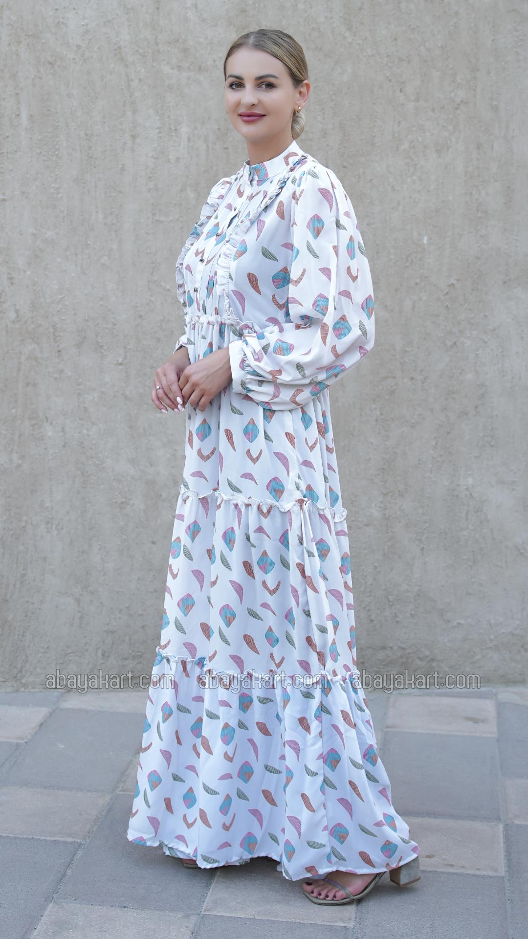 Bulk Modest Dress with Mordant Printing in Off White 