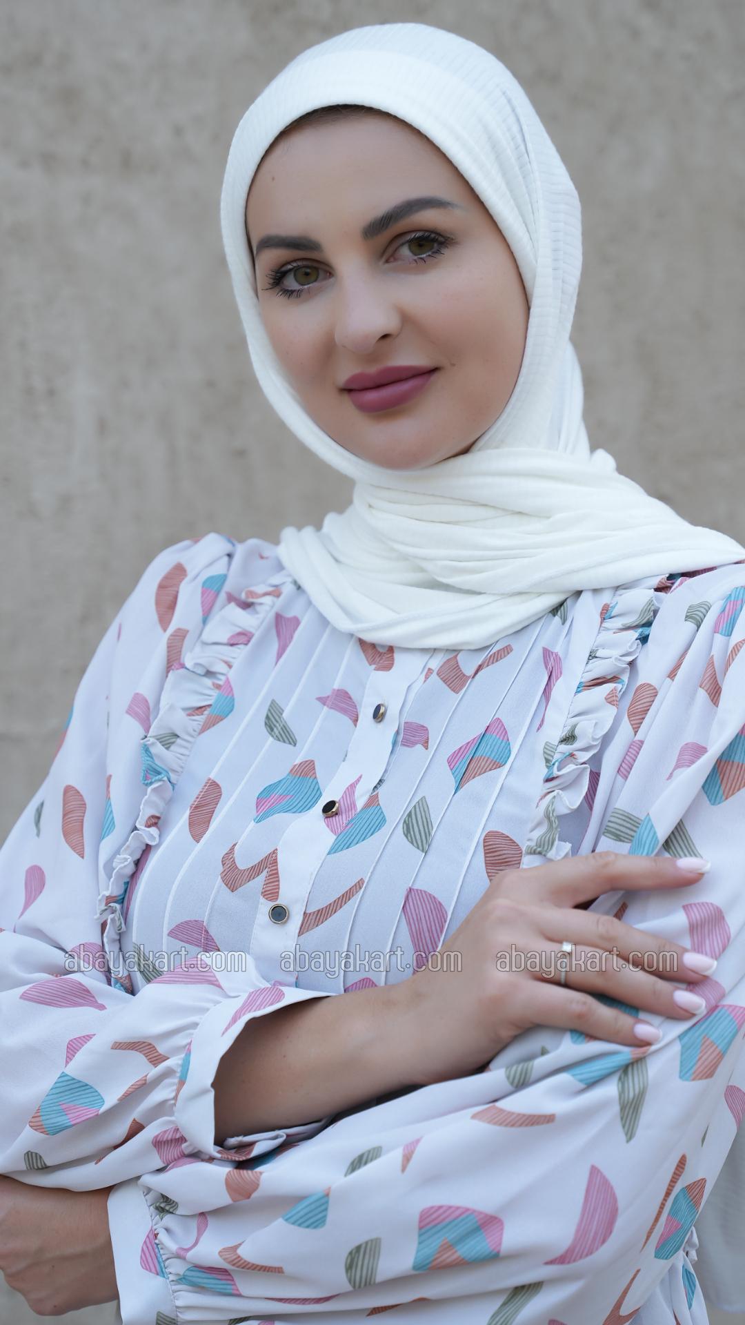 Bulk Modest Dress with Mordant Printing in Off White 