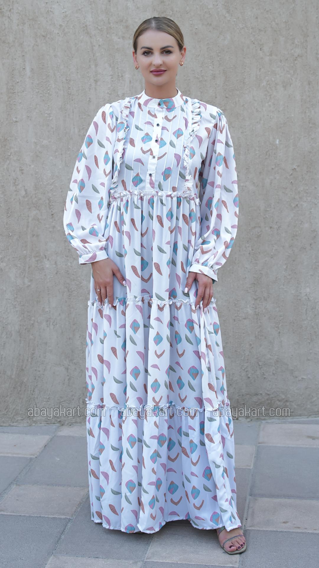 Bulk Modest Dress with Mordant Printing in Off White 