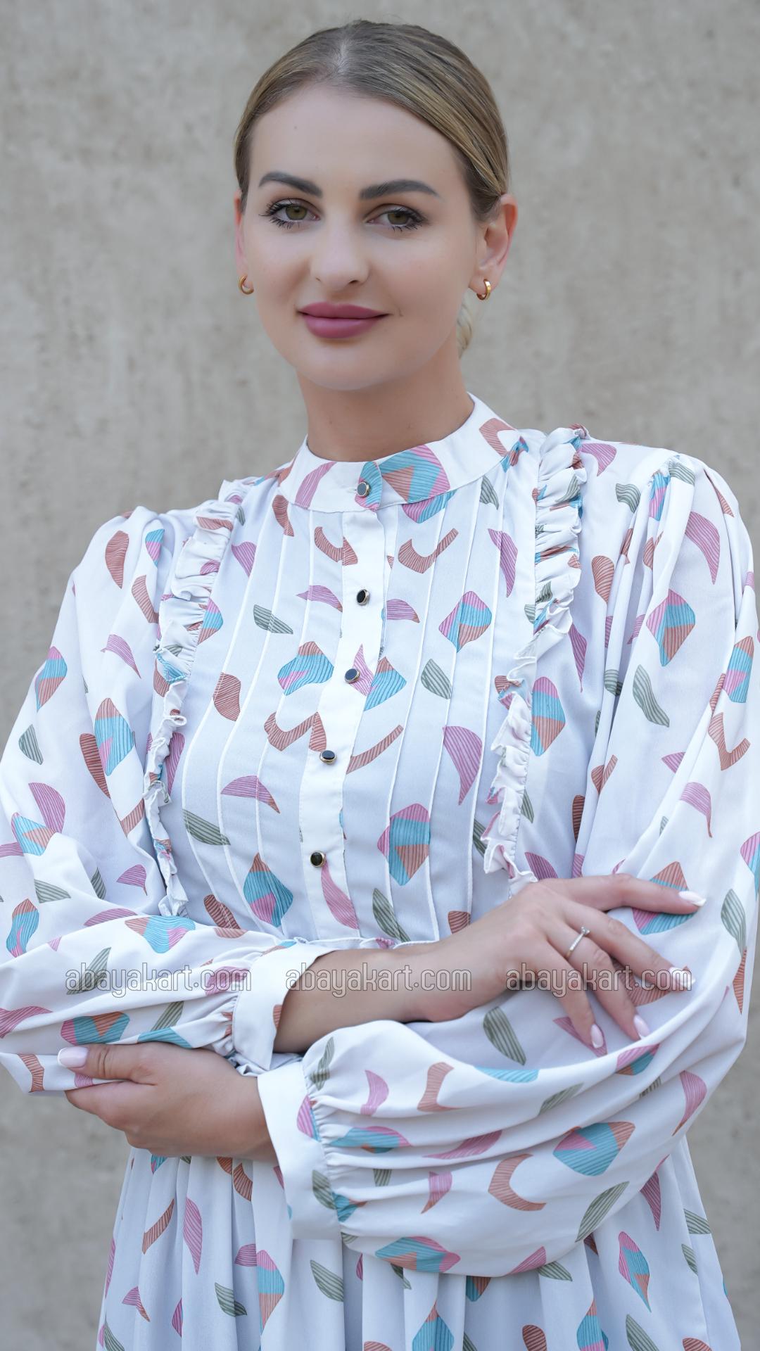 Bulk Modest Dress with Mordant Printing in Off White 