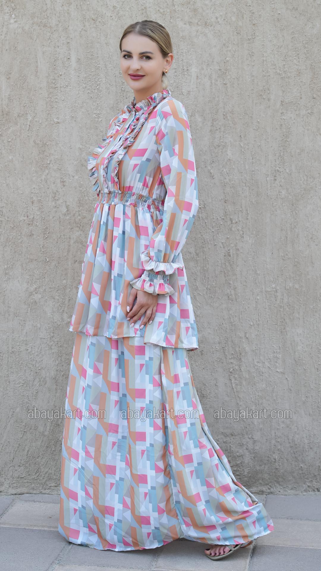 Bulk Elegant Layered Modest Dress with Mosaic Print