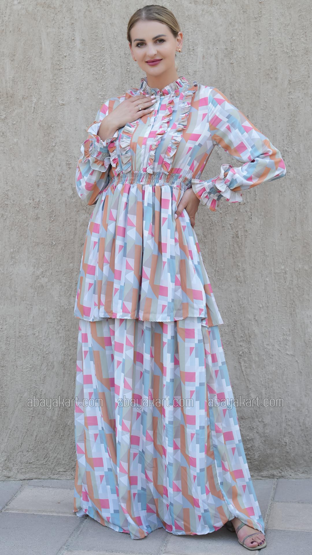 Bulk Elegant Layered Modest Dress with Mosaic Print