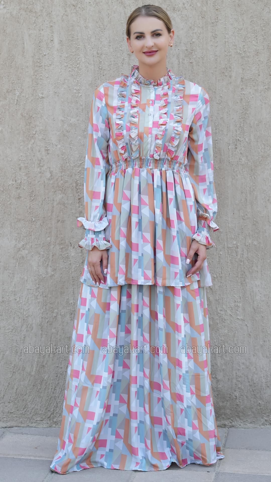 Bulk Elegant Layered Modest Dress with Mosaic Print