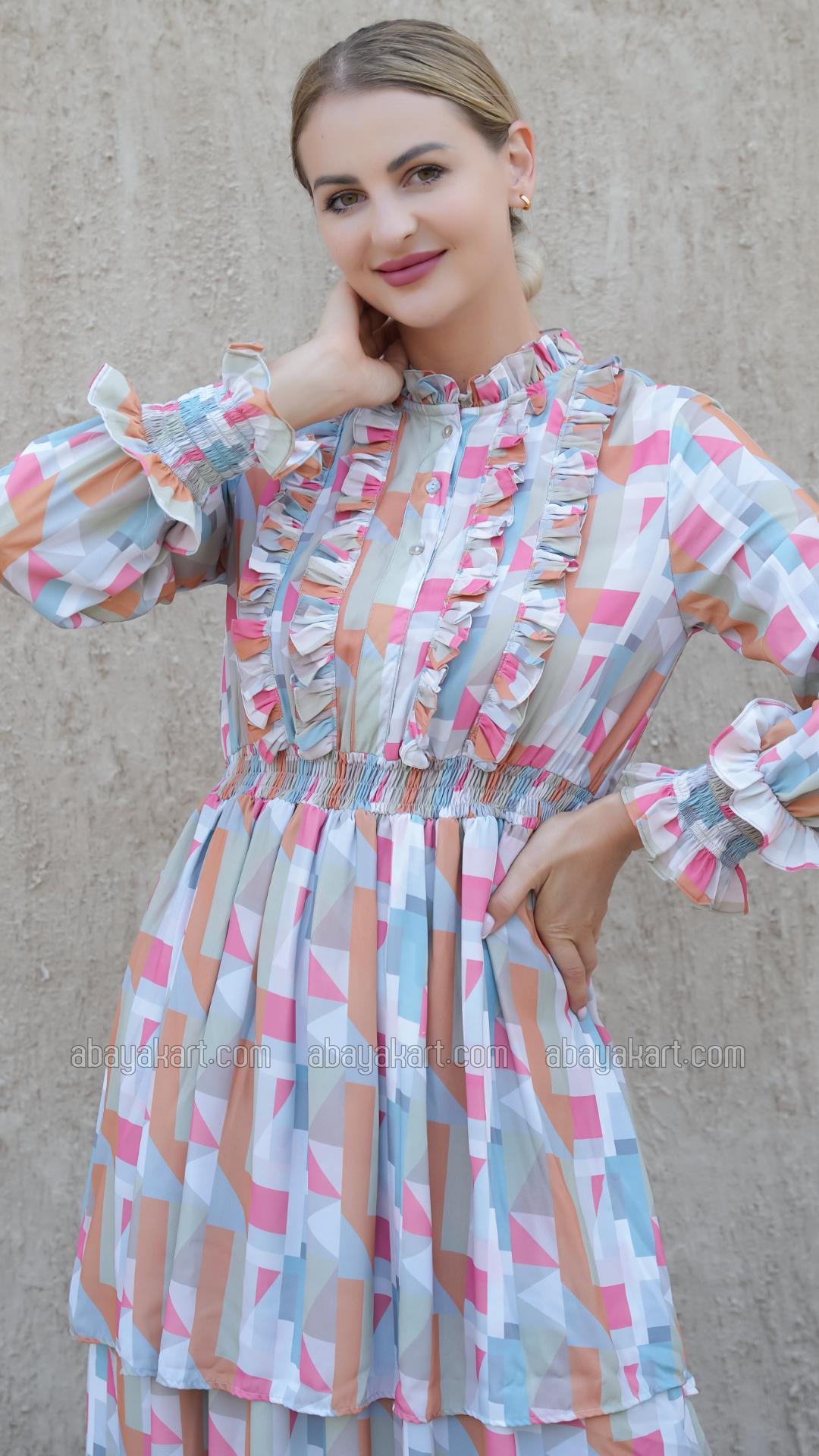 Bulk Elegant Layered Modest Dress with Mosaic Print