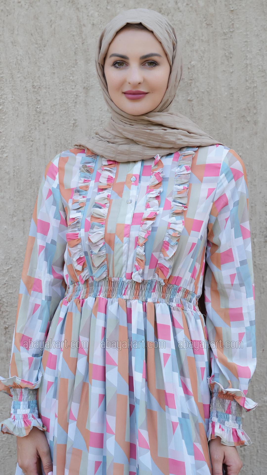 Bulk Elegant Layered Modest Dress with Mosaic Print